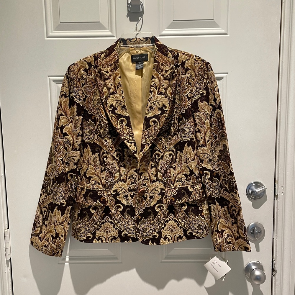 Focus 2000 Paisley Textured Blazer Western Brown Cream Jacket Size 12 (Large)